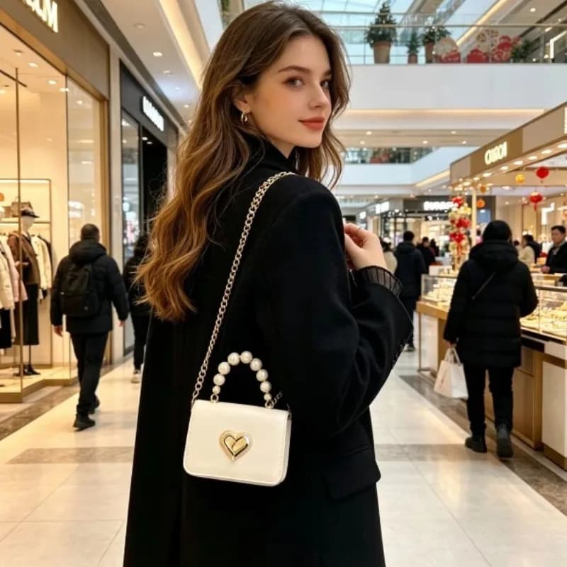 Nuova Borsa Mini Quadrata Stile Francese Autunno 2026, Elegante Borsa a Tracolla con Catena a Cuore e Perle per Donna