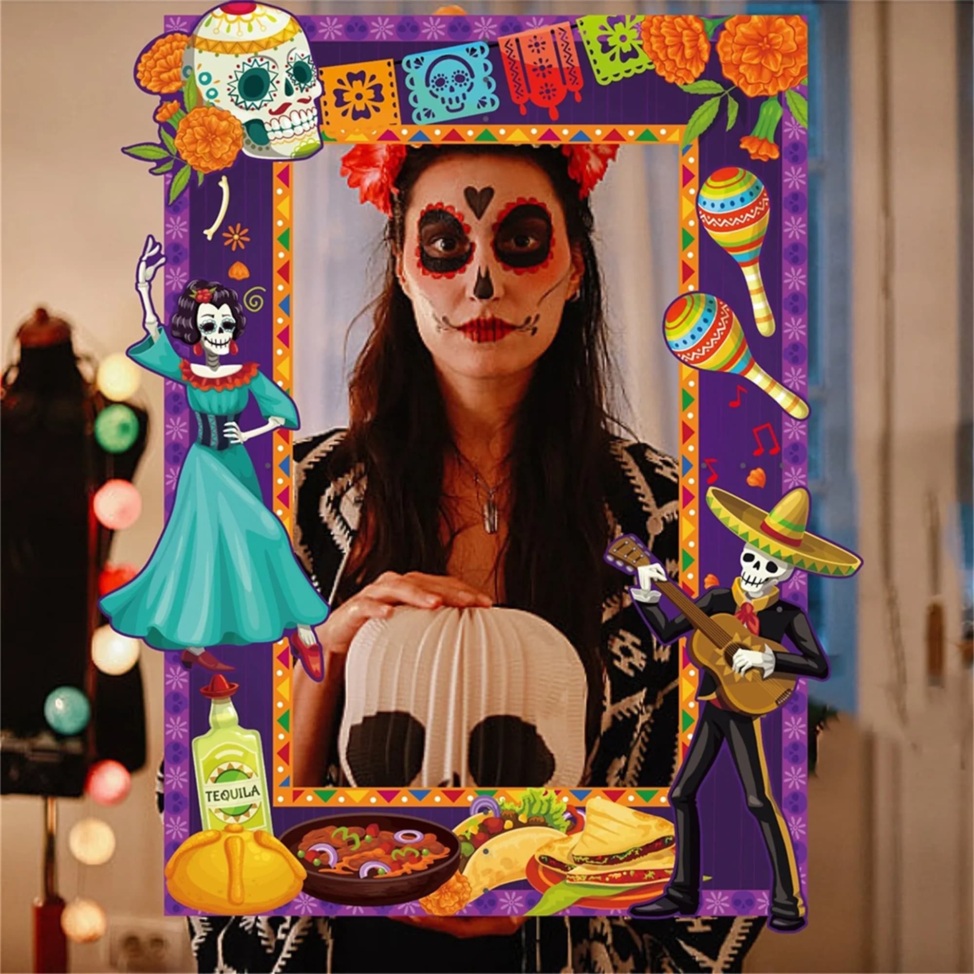 Do-it-yourself photo kit of the dead with stickers with sugar skull and photo frames - Holiday decoration to hang on the wall for the house