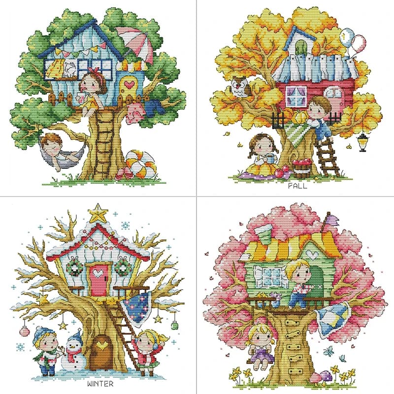 Cartoon Tree House Series Kit punto croce stampato Aida 14/16/11CT Kit cucito in tessuto di tela bianca ricamo fai da te decorazioni per la casa