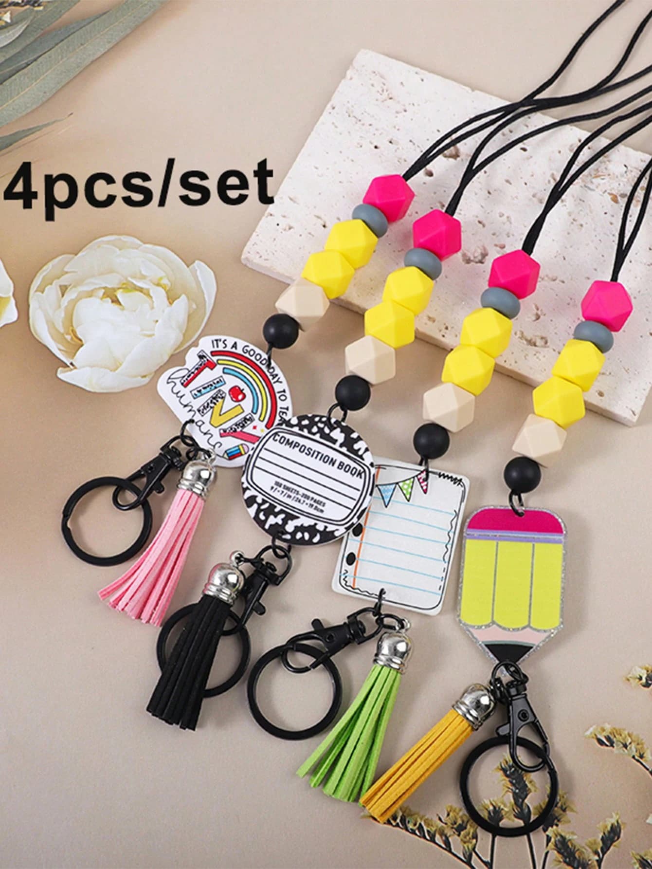 Set of 4 Silicone Masterboards for Teachers, Badge Door Colored with Rainbow/Matit/Quaderno Shape Pendants, Perfect for