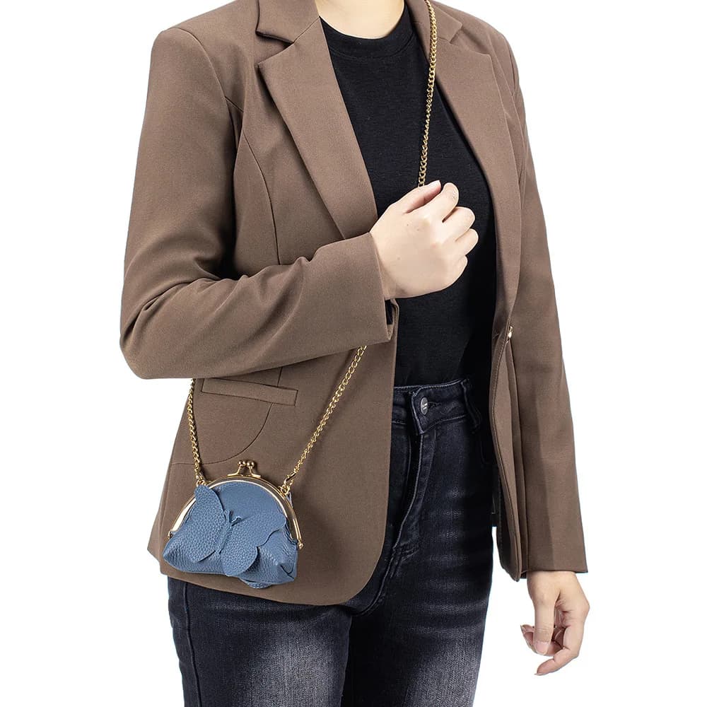 Borsa multiuso in pelle con chiusura a farfalla - Borsa convertibile a tracolla e a mano, pochette con catena per rossetto, chiavi, carte e monete
