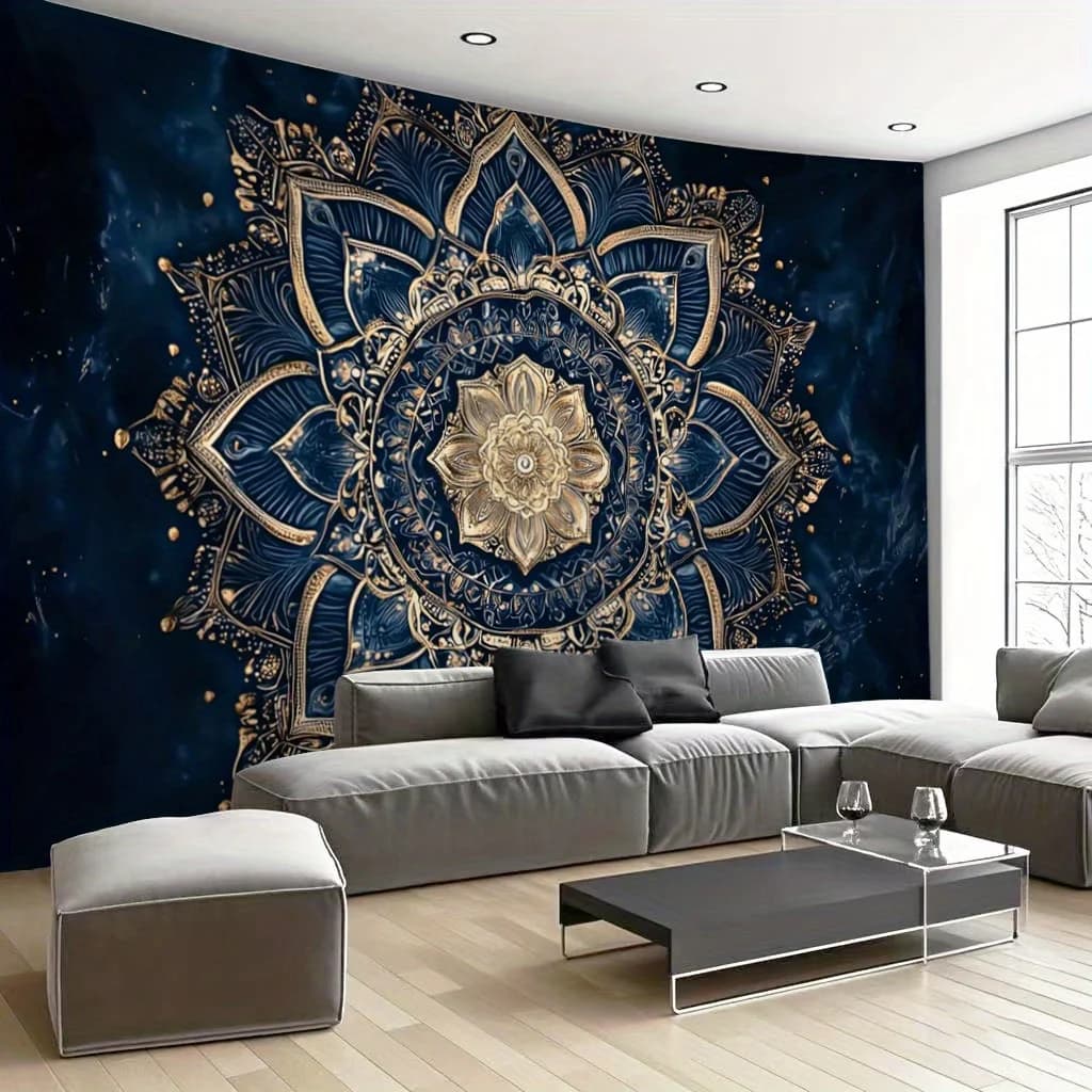 Boho Mandala Tapestry Wall Hanging Gold Moroccan Style Ethnic Bohemian Wall Art Decoration for Living Room Bedroom Space