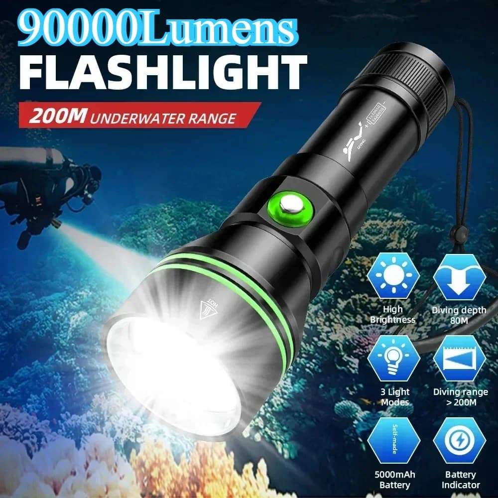 90000LM Torcia subacquea super luminosa XHP70.2 LED 26650 Batteria Torcia subacquea 100M Subacquea IPX8 Lanterna subacquea impermeabile