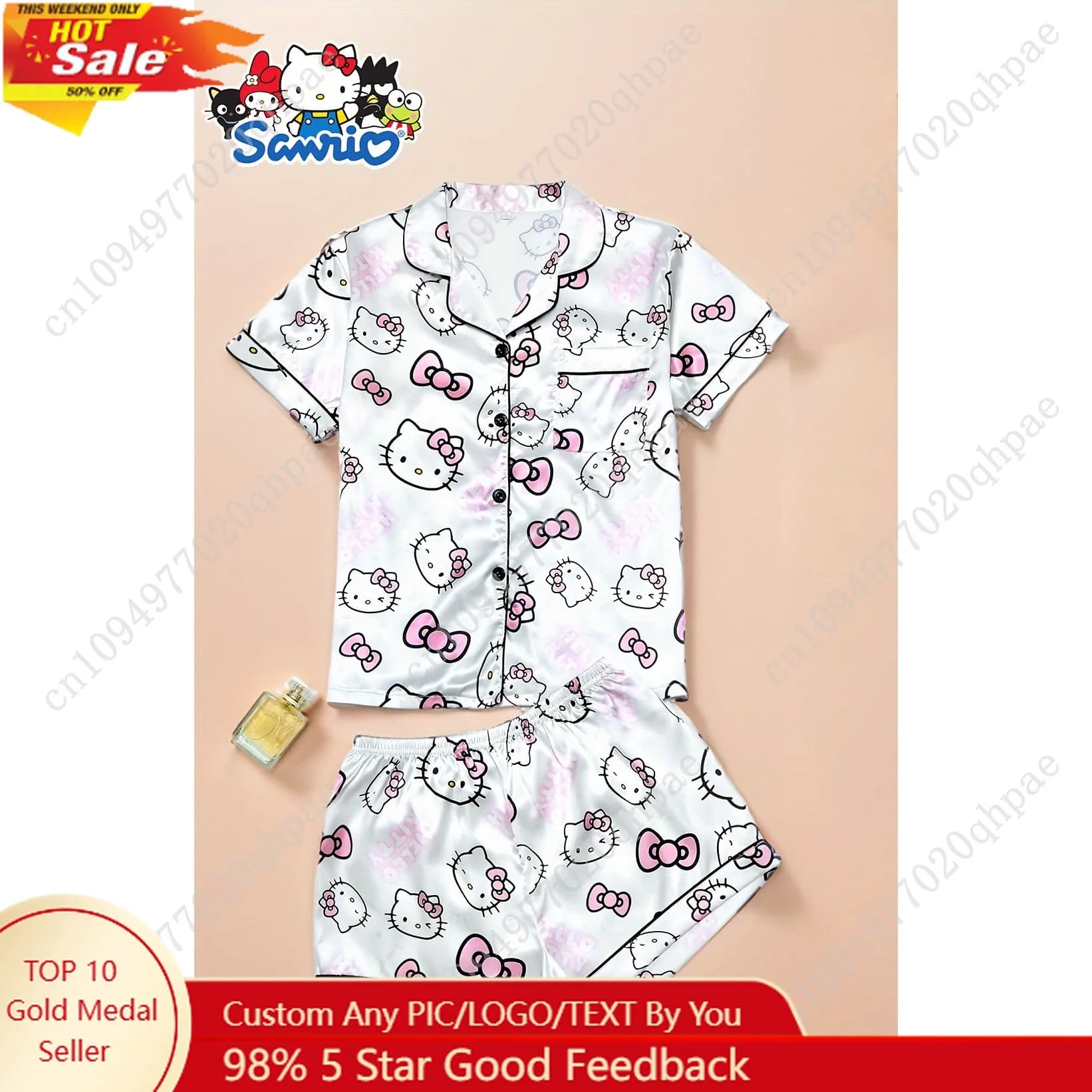 Pigiama stampato Sanrio HELLO KITTY, set due pezzi, 1 top, 1 pantaloncino, cardigan con bottoni e risvolto, completo da casa, set pigiama morbido