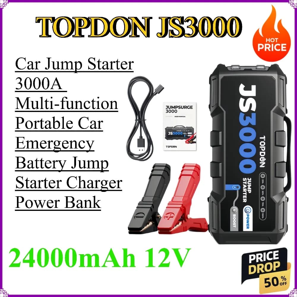 Avviatore di Emergenza per Auto JS3000 3000A 24000mAh 12V Multifunzione Portatile Caricabatterie di Emergenza per Auto Power Bank