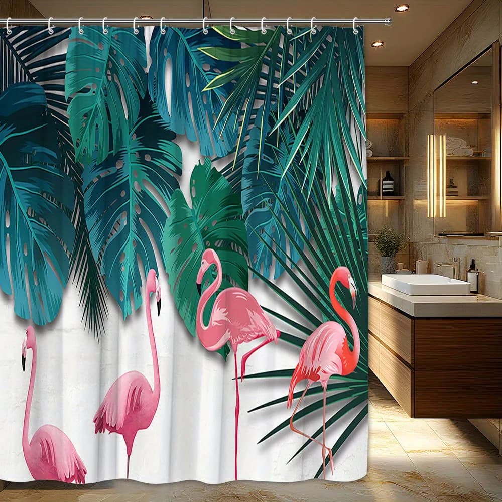 1pc Tropical Flamingo Shower Curtain with Lush Green Leaves - Modern Exotic Design, Vibrant Pink & Teal Bathroom Decor, 70.87x70