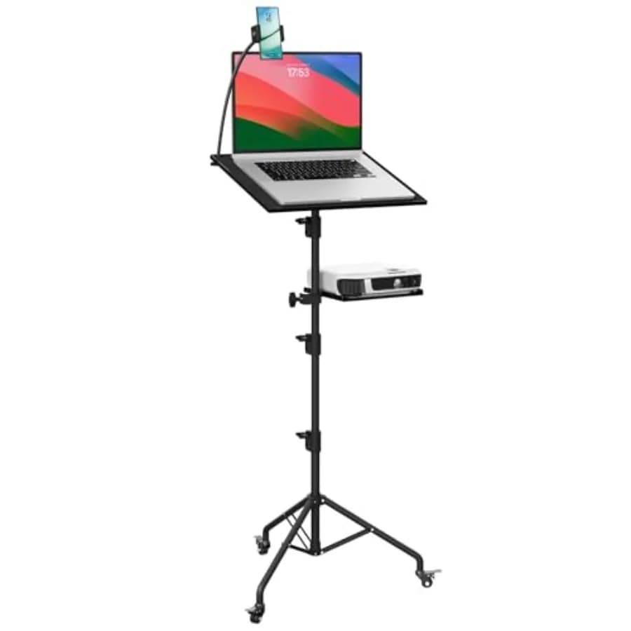 Supporto per Proiettore e Laptop con Ruote e Altezza Regolabile, Supporto Portatile con Porta Telefono e Porta Proiettore