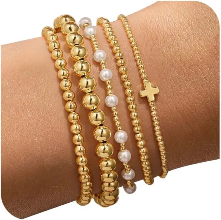 Yoosteel Regali di Pasqua, Bracciale Dorato - Set di Bracciali con Perline Placcati in Oro 14k per Donne, Bracciale Delicato con Perline Rotonde