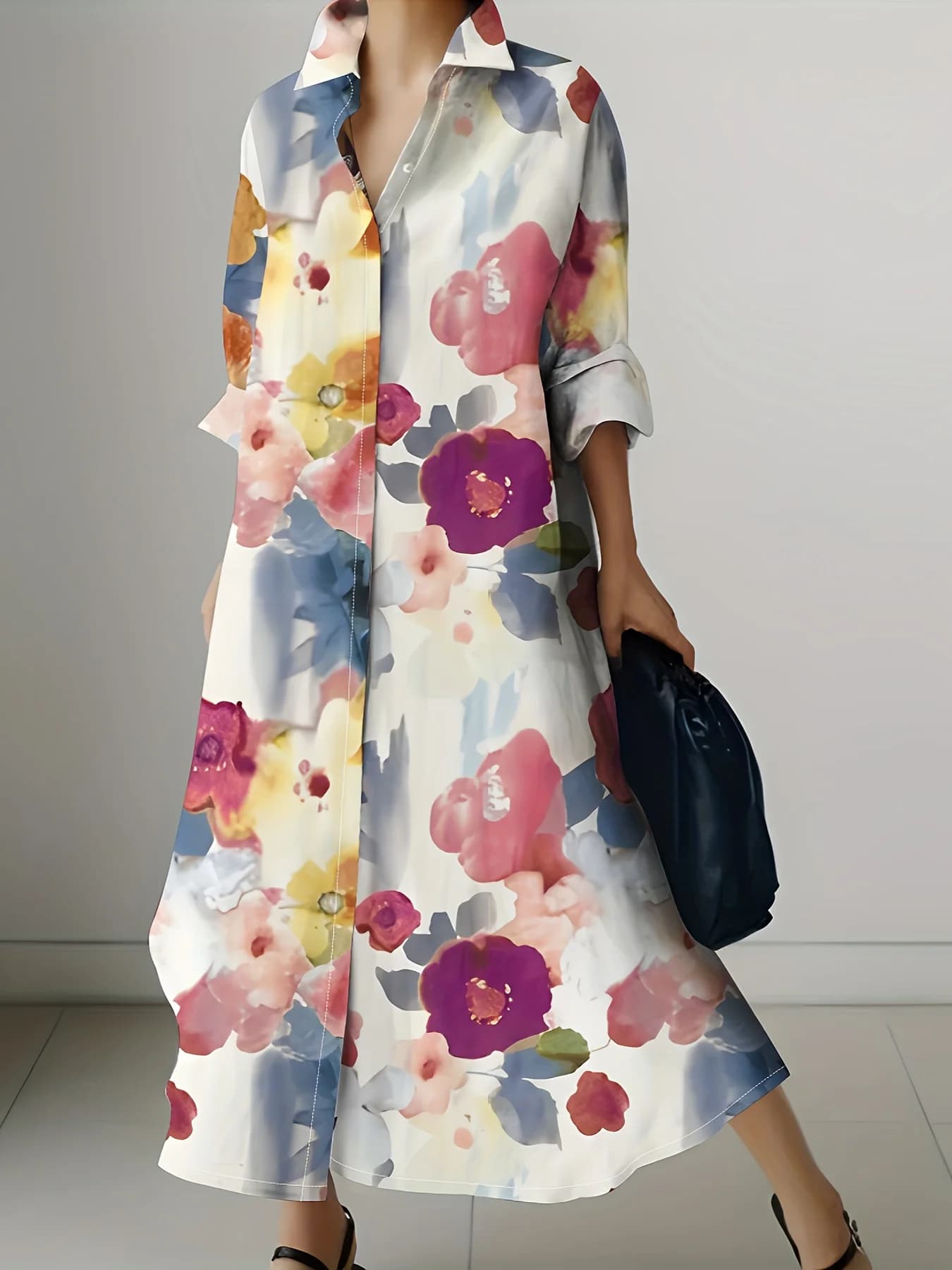 Women's long sleeve dress, casual style for vacation, autumn summer, A-line midi pattern with belt, slim fit, smooth floral print