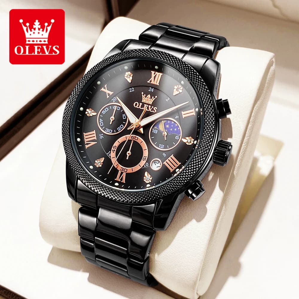 OLEVS Orologi da uomo di moda originali Trendy 30m Orologio al quarzo con data impermeabile per uomo scatola luminosa fasi lunari Orologio da polso di marca