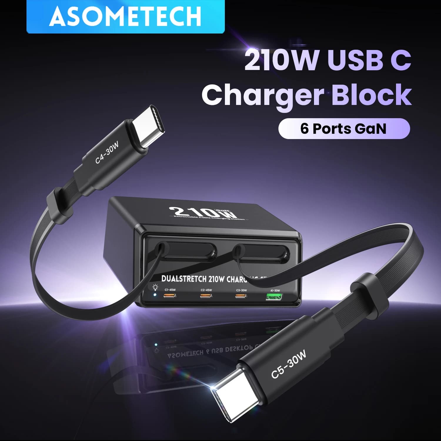 Stazione di ricarica rapida USB C GaN da 210W con cavo Type C retrattile, caricatore rapido 45W 30W PD3.0 PPS per iPhone 15, iPad, Samsung Tablet
