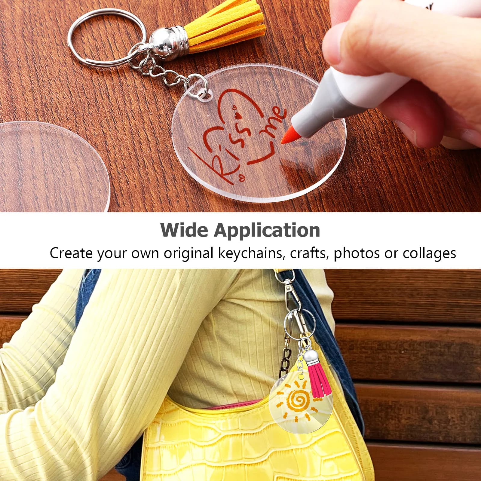Set of 120 Pieces of Clear Acrylic Vacuum Keychain, Circular Shapes and Heart, with Nappe and Rings, Accessories for Craft Creations
