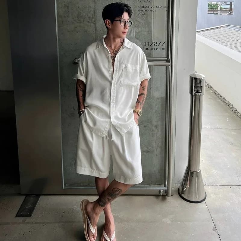 2026 Casual Sportswear Set, Fashionable Shirt Handsome Men's Short-sleeved Solid Color Thin Shorts