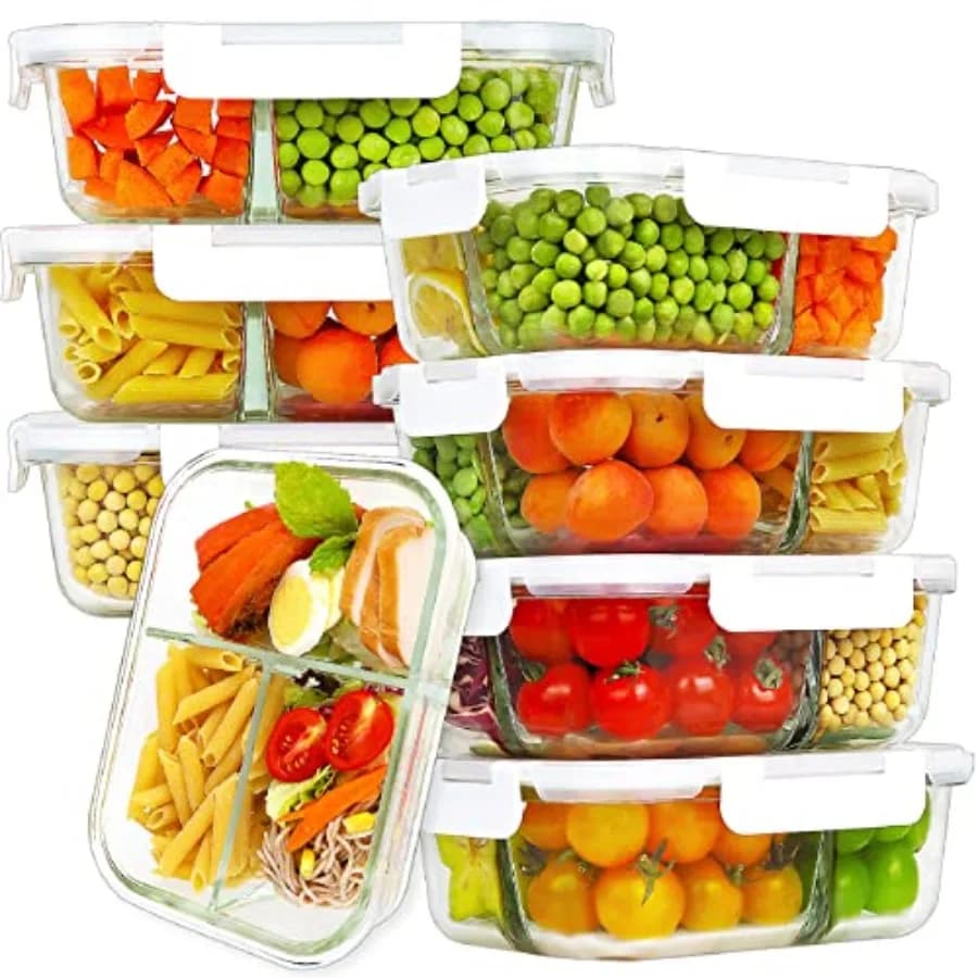 Set di 8 Contenitori in Vetro per Preparazione Pasti con 3 Scomparti, 33oz, Contenitori per Alimenti in Vetro con Coperchi Ermetici, Scatole Bento per Pranzo Senza BPA