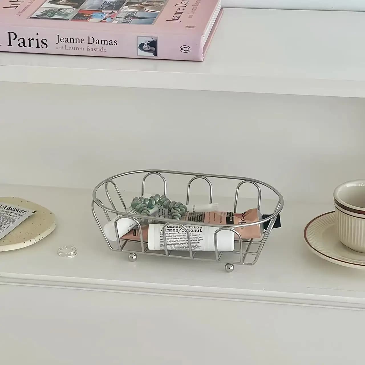 1 piece stainless steel storage basket, multipurpose organizer for accessories, cosmetics, toiletries, desk, photo objects, shelves