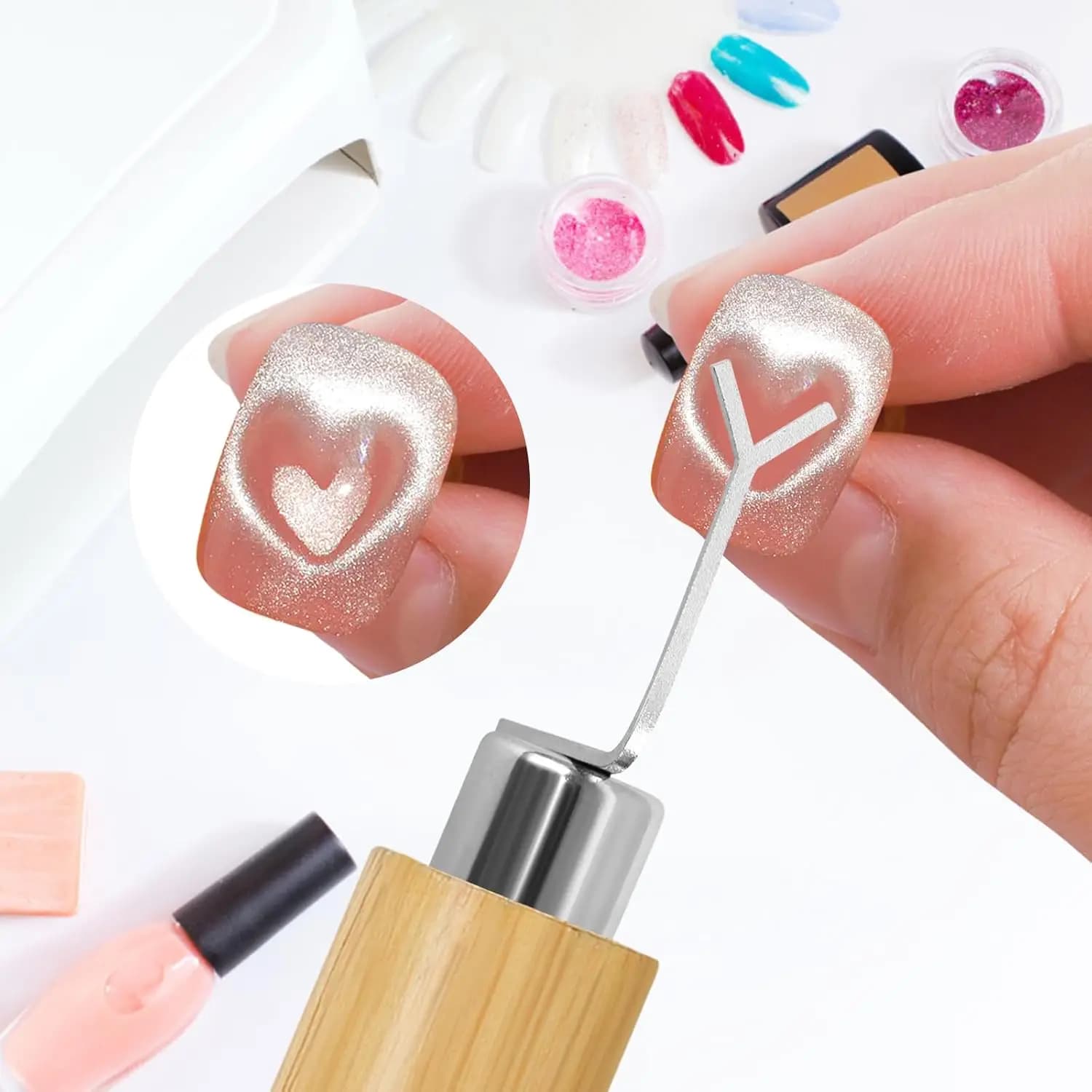 Set of heart-shaped nail magnets and cat's eye, magnetic stick for manicure tools and nail art