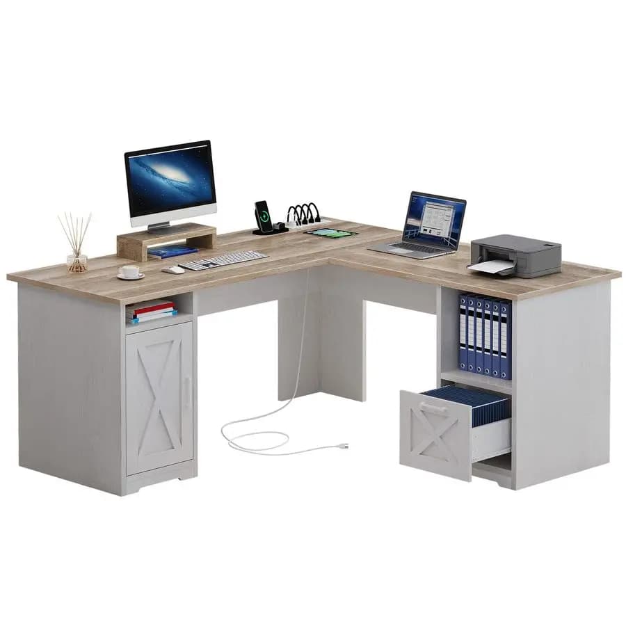 Scrivania a forma di L con prese di corrente, scrivania angolare per computer da 60 pollici con cassetto per documenti, scrivania per ufficio domestico con supporto per monitor amplificatore St