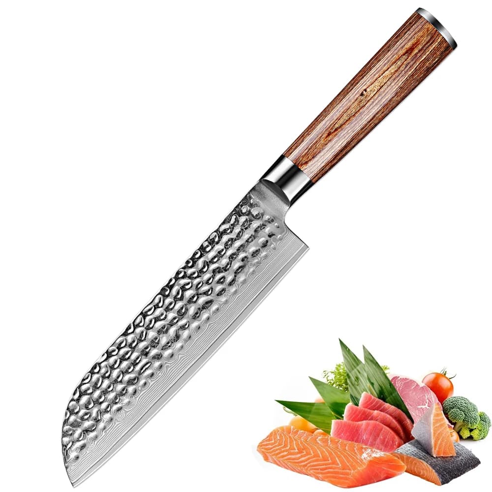 Coltello Santoku da 7 pollici Coltello da cuoco da cucina di Damasco 67 strati Coltello da mannaia giapponese in acciaio di Damasco Ergonomia Manico in legno dorato
