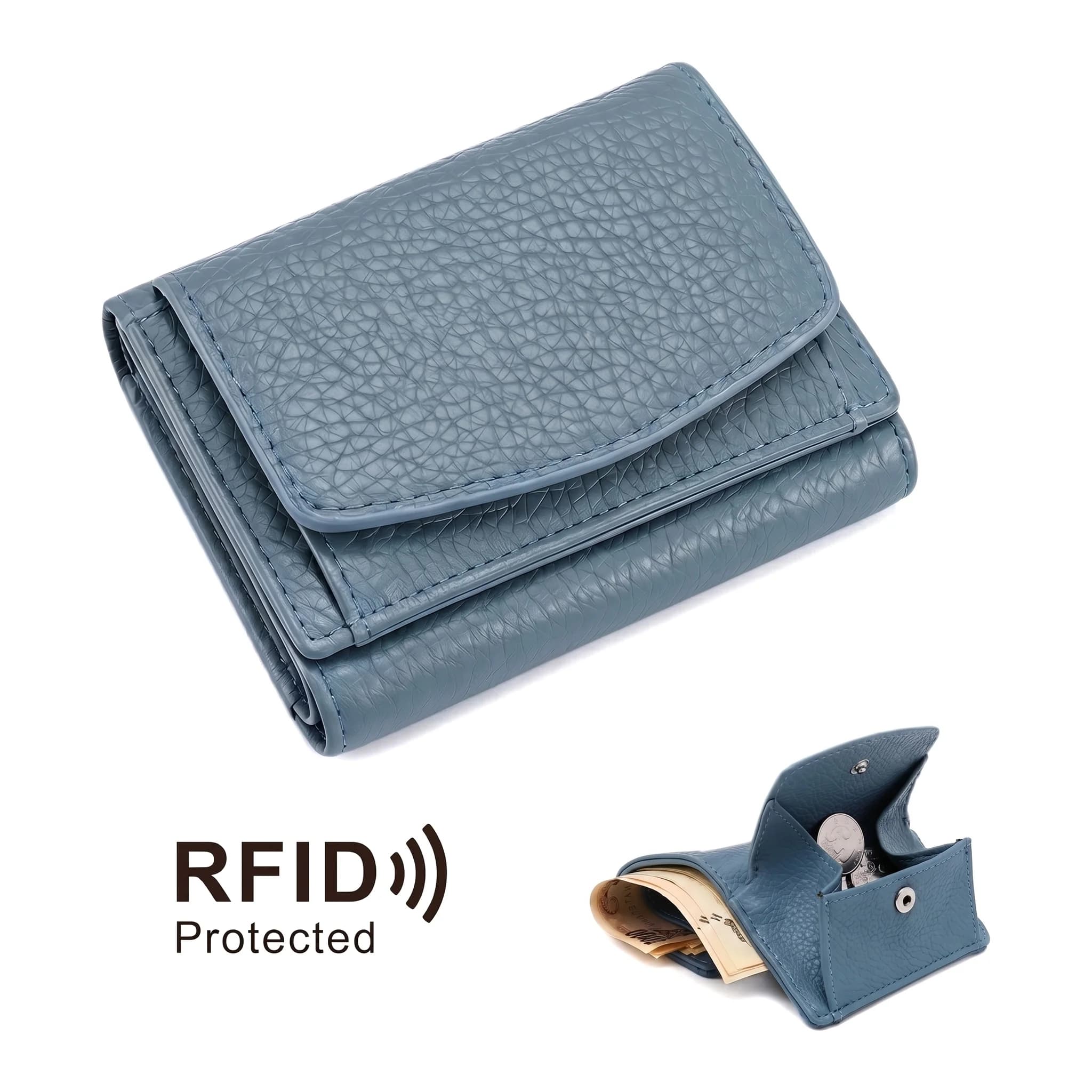RFID Blocking Women Trifold Genuine Leather Wallet Slim Snap Button Coin Purse 6Card Slots Mini Solid Color Portable Card Holder