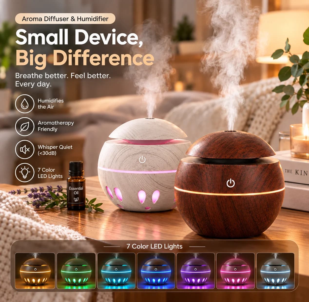 HONSUN Humidifier for Bedroom & Office, Wood Grain Essential Oil Diffuser with 7 Color LED Night Light, Portable Cool Mist Mini Humidifier for Desk, Quiet USB Aromatherapy Diffuser, Small Home Decor & Gift