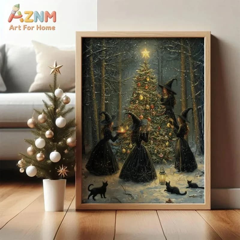 Mystic Snowy Forest Witches Black Cats Christmas Tree Canvas Poster Prints Frameless Wall Art Festive Winter Dark Home Decor