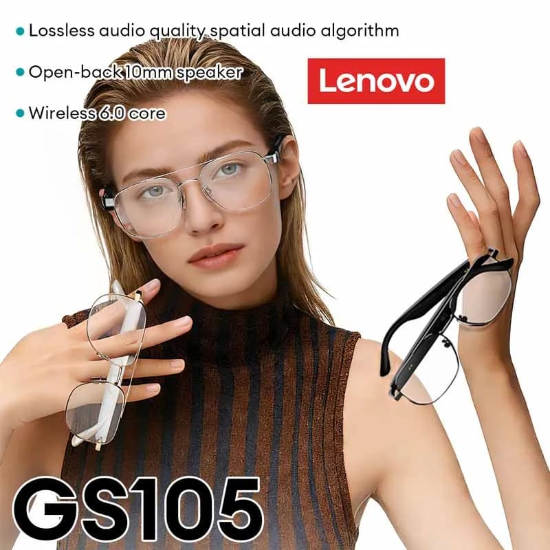 Occhiali intelligenti Lenovo GS105 AI con Bluetooth 6.0, occhiali da sole, chiamate HD, cuffie musicali, cancellazione del rumore ENC, doppio microfono, per uomo e donna