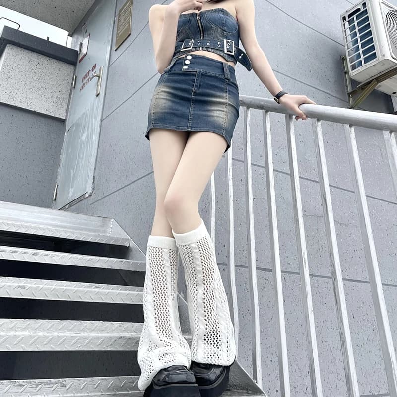 Nuova estate giapponese Hot Girl ginocchio manica gamba calda copertura Harajuku bianco scavato a maglia gamba larga corno 3 colori