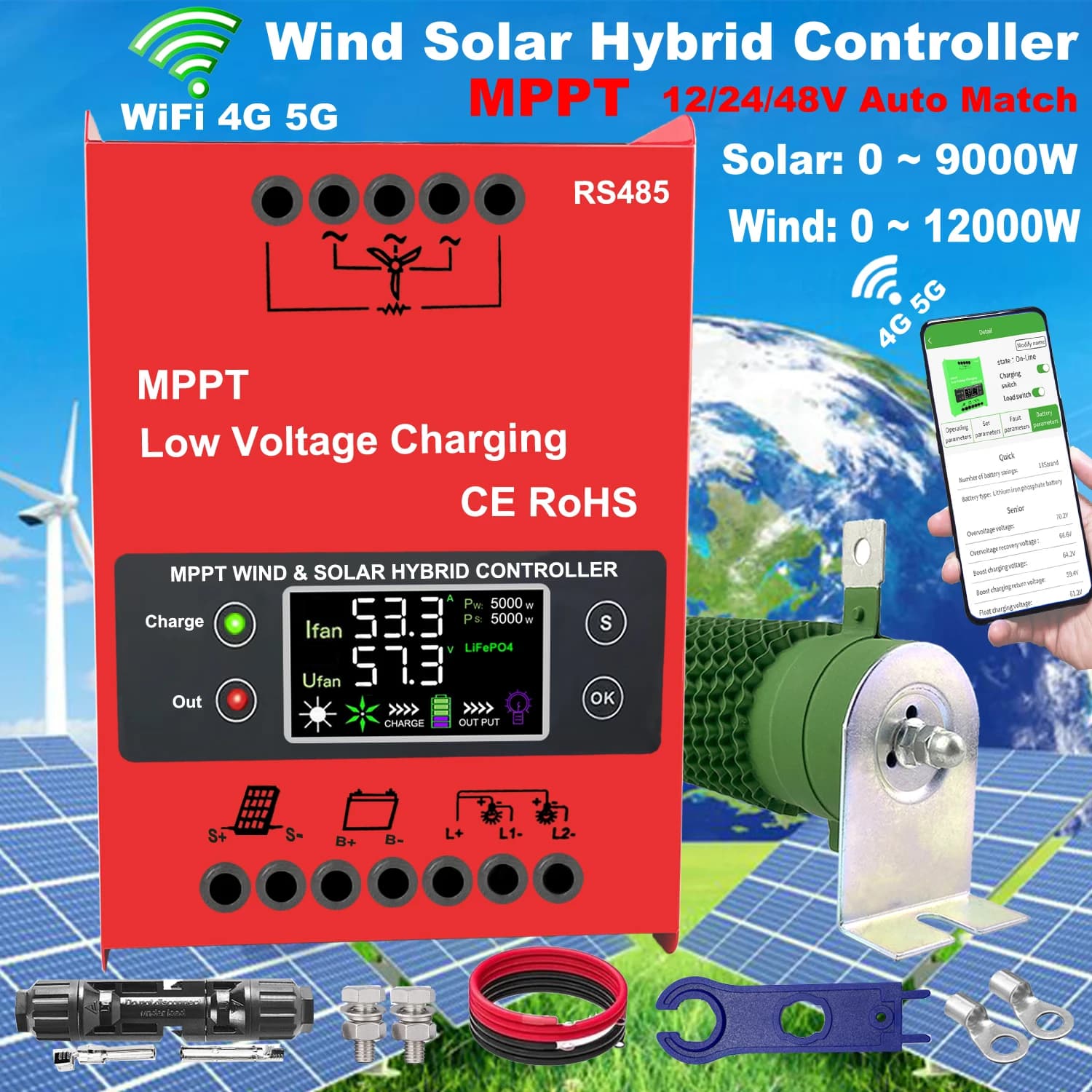 Regolatore di Carica MPPT 4KW 6000W 12V 24V 48V 160A per Pannelli Solari e Generatori Eolici, per Sistemi Domestici Lifepo4