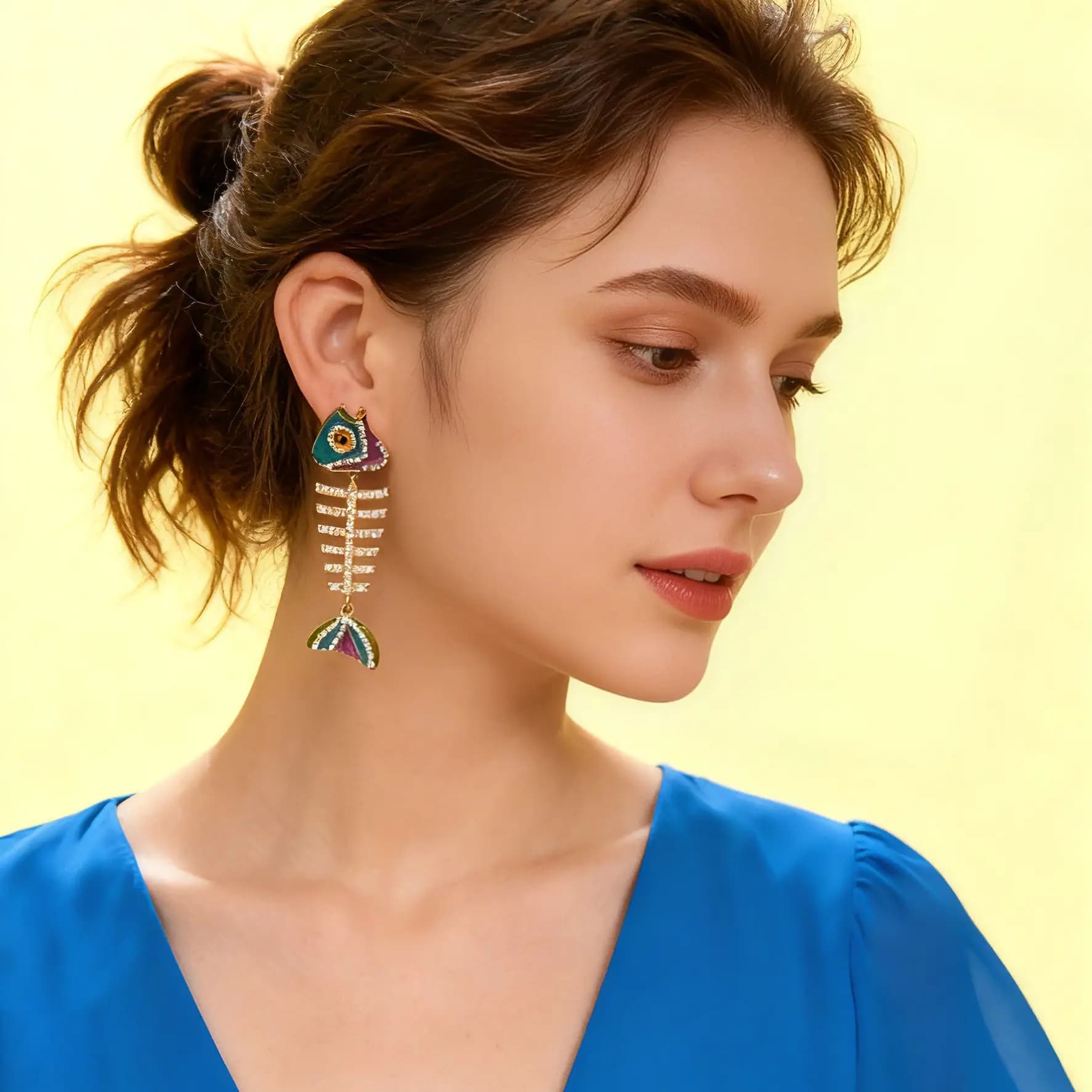 Vintage Fashion Tropical Fish Alloy Earrings Diamond Elegant Metal Fish Bone Pendant Earrings Women's Jewelry