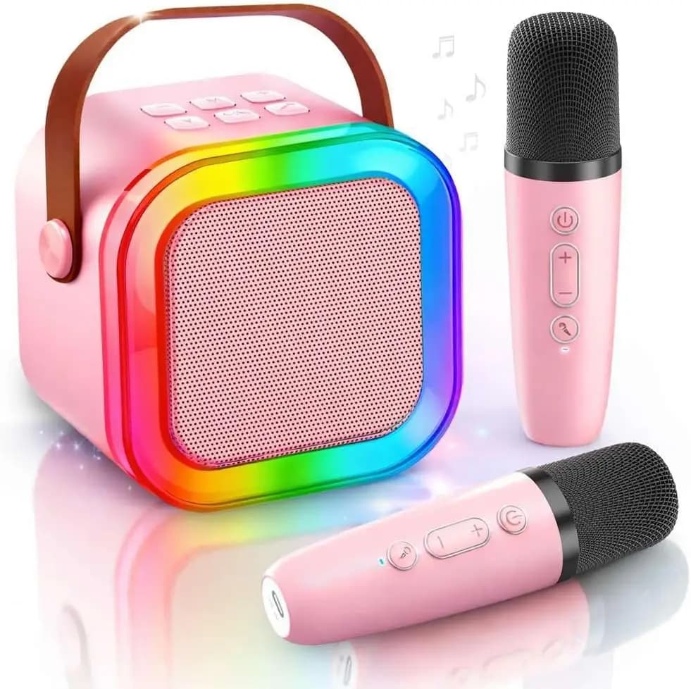 Macchina Karaoke Portatile per Bambini con 2 Microfoni Wireless, Modificatore di Voce e Luci LED - Regalo di Compleanno Perfetto per Ragazzi e Ragazze
