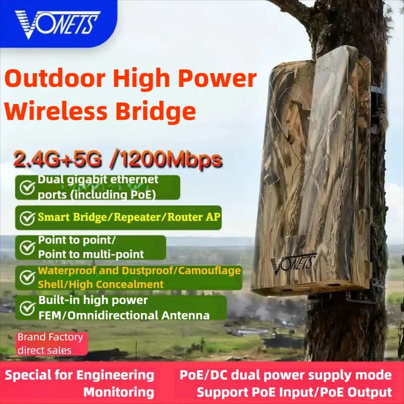 VONETS VBGO1200 Outdoor Gigabit PoE Dual-Band WiFi Bridge Router Repeater Long-Range Point-to-Point WiFi Extender 2.4GHz/5GHz