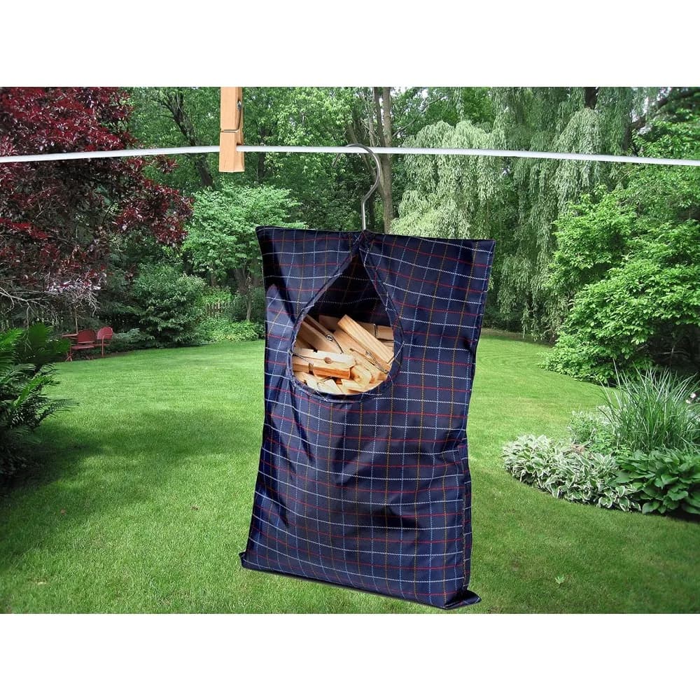 Tartan Clothespin Storage Bag with Swivel Hook, Water Repellent Canvas Clothes Pin Holder for Outdoor Laundry Line