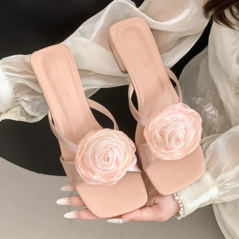 Flower Women High Heels Sandals Square Toe Designer Shoes Women Elegant Summer 2025 Dress Pumps Trend Open Toe Casual Sandals