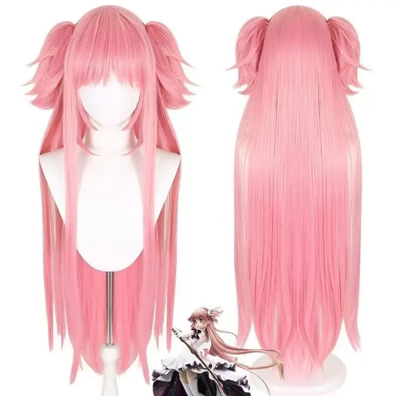 Puella Magi Madoka Magica Madoka Kaname Cosplay Wig Long Pink Straight Hair with Detachable Double Ponytail Clips for Halloween