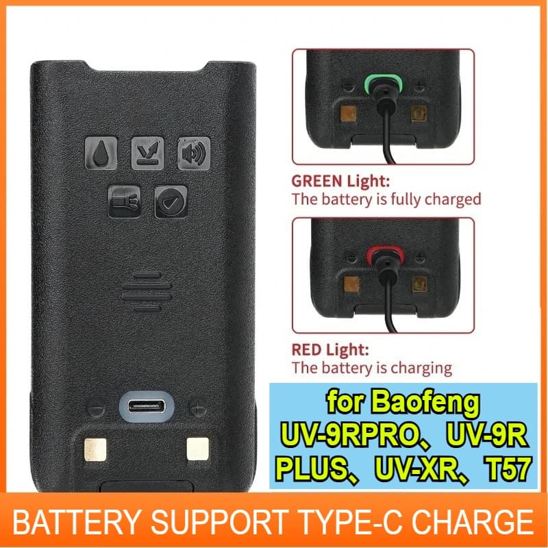 Per Baofeng UV-9R Pro Batteria agli ioni di litio da 7,4 V IP68 Supporto carica di tipo C per GMRS-9R ​ ​ ​ ​ ​ ​ ​ Walkie Talkie BL-9 Plus