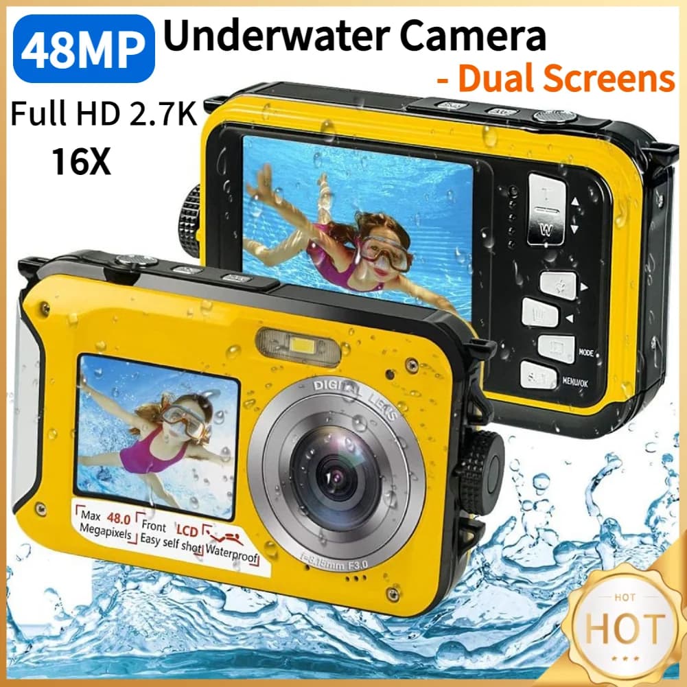 Full HD 2.7K 48MP Dual Screen Underwater Camera Digital Camera LCD Display Snorkeling Video, Camping, Travel