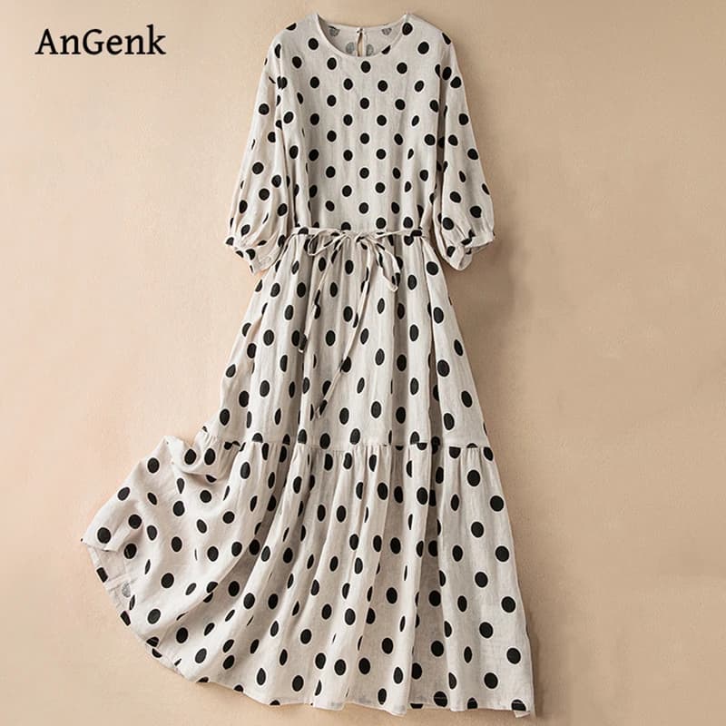 Abito a pois vintage senza maniche in cotone Donna 2025 Abiti estivi lunghi larghi casual da spiaggia Femme Robe Abiti Abbigliamento moda