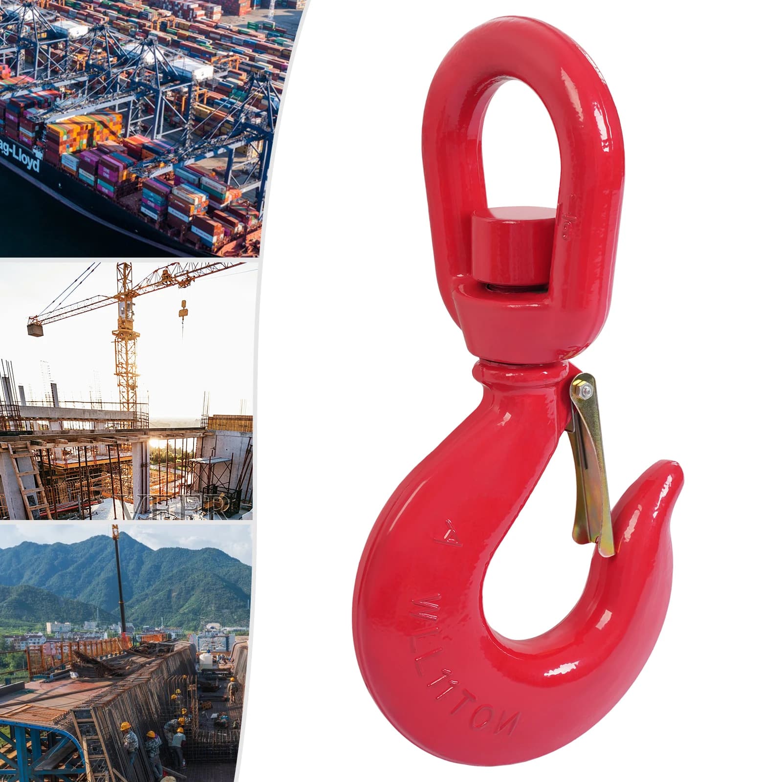 Heavy lifting hook with monoblock design with large and robust ring, rounded corners, smooth surface, easy to clean and install
