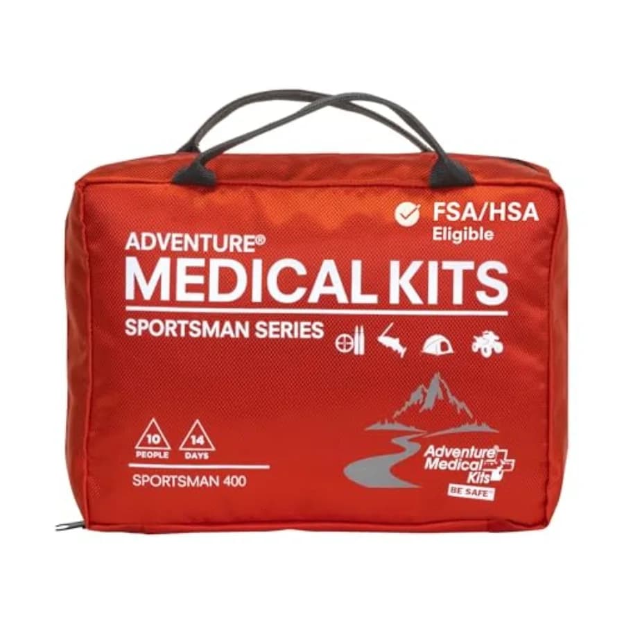 Kit di Pronto Soccorso per Campeggio, Escursionismo, Caccia e Altro - Per 10 Persone, 14 Giorni - Tessuto Resistente e Impermeabile, Rosso con Bende e Guida Medicale