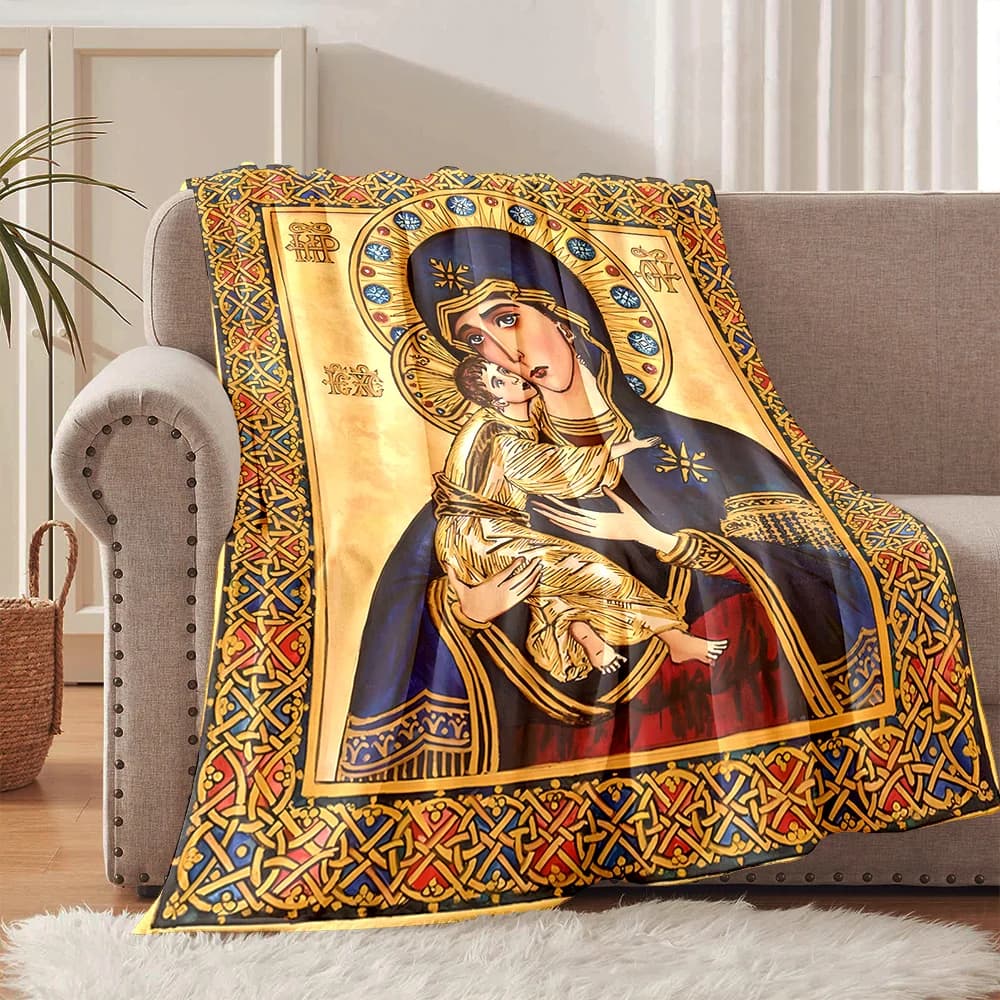Coperta in flanella con stampa artistica religiosa Madonna e Bambino, morbida e calda, adatta per casa, viaggi, picnic, campeggio, camper