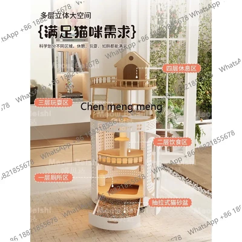 N138 Cat cage, solid wood with cat litter box, household indoor round luxury cat cabinet