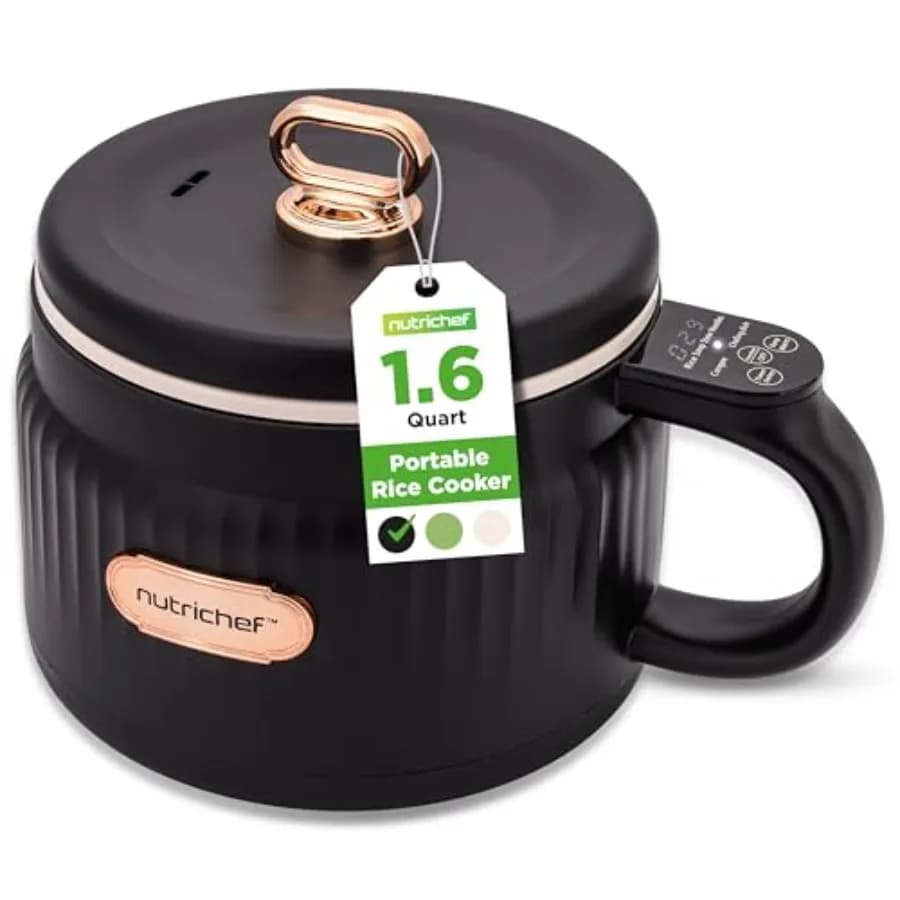 Cuociriso Elettrico Portatile da 1,6 Litri, Multifunzione con Rivestimento Ceramico Antiaderente, Pannello di Controllo Digitale, 6 Funzioni di Cottura