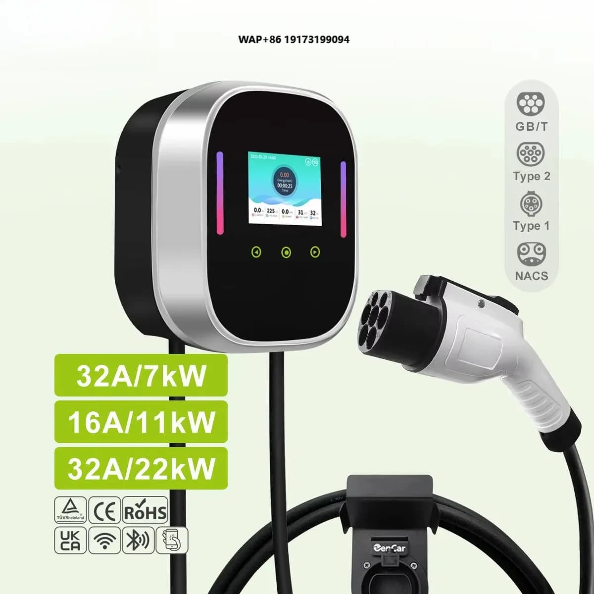 Smart EV Charger Wallbox 22kW 11kW 7kW AC Electric Home Charging Station 16A 32A Wifi APP Car Charger with Type 1 Type 2 GBT