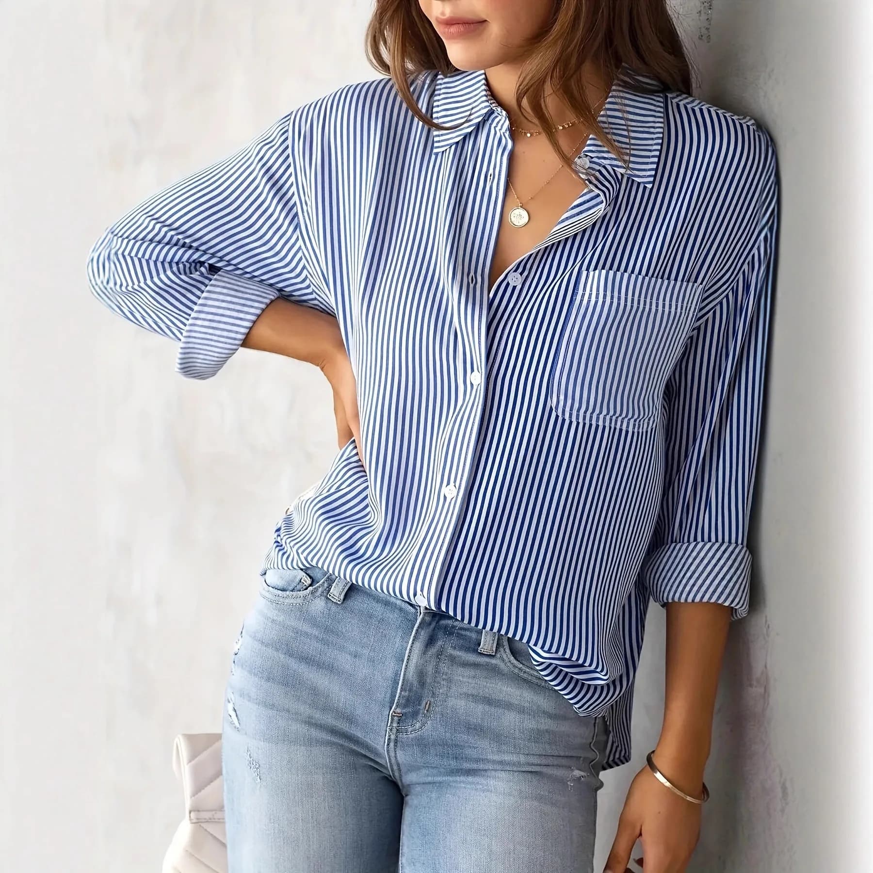 Women Striped Lapel Button Down Shirt Pocket Long Sleeve Loose Casual Blouse