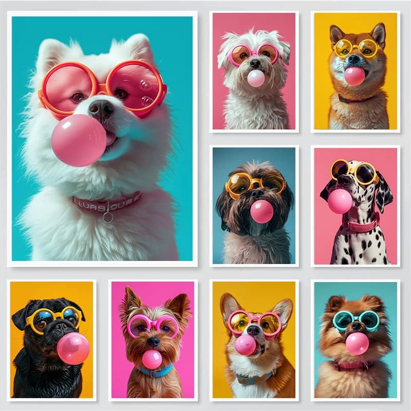 Dog Colorful Bubblegum Sunglasses Poster Prints Samoyed French Bulldog Corgi Canvas Painting Wall Art Picture Room Home Decor