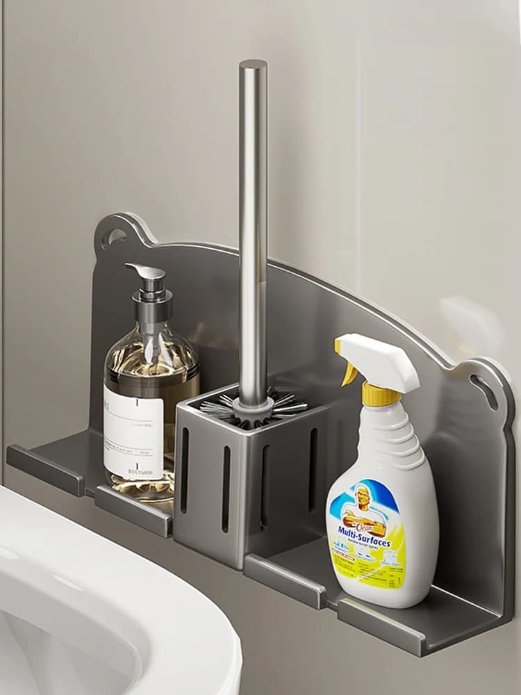 No-Drill Toilet Brush Holder Wall-Mounted Bathroom Organizer round Stainless Steel Handle Nylon Bristle Durable Toilet Cleaner