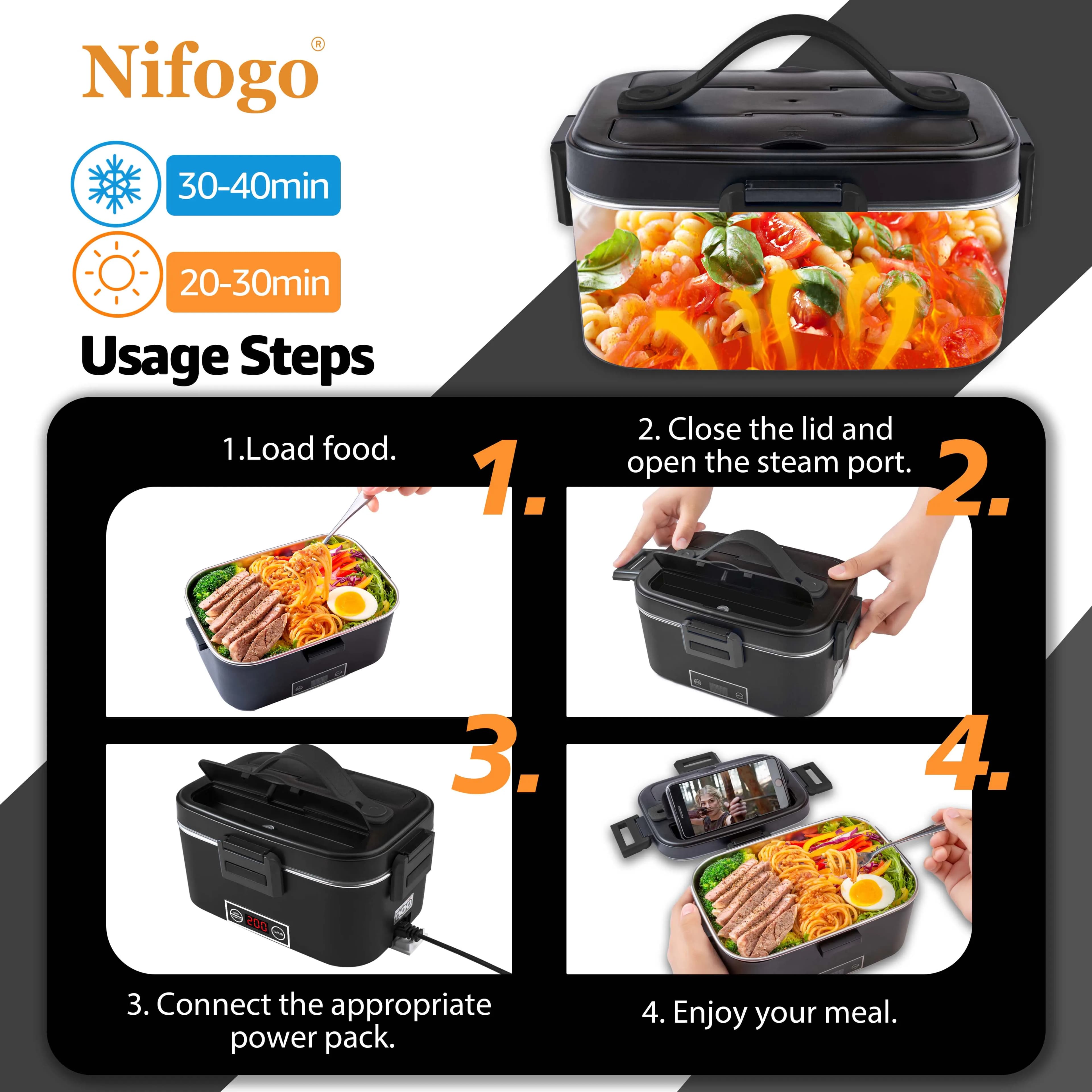 100W 1.8L Electric Heated Lunch Box with Digital Temperature Control, 12V/110V Dual Use Car & Home Food Warmer, 304 Stainless Steel Container, Insulated Carry Bag & Tableware Included
