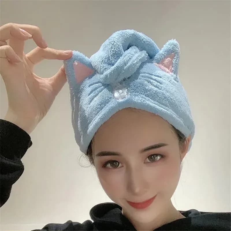 Cute Cat Hair Cap Microfiber Hair Towel Long Hair Drying Hat Quick Towel Strong water absorbent Wrap women Towel for hair