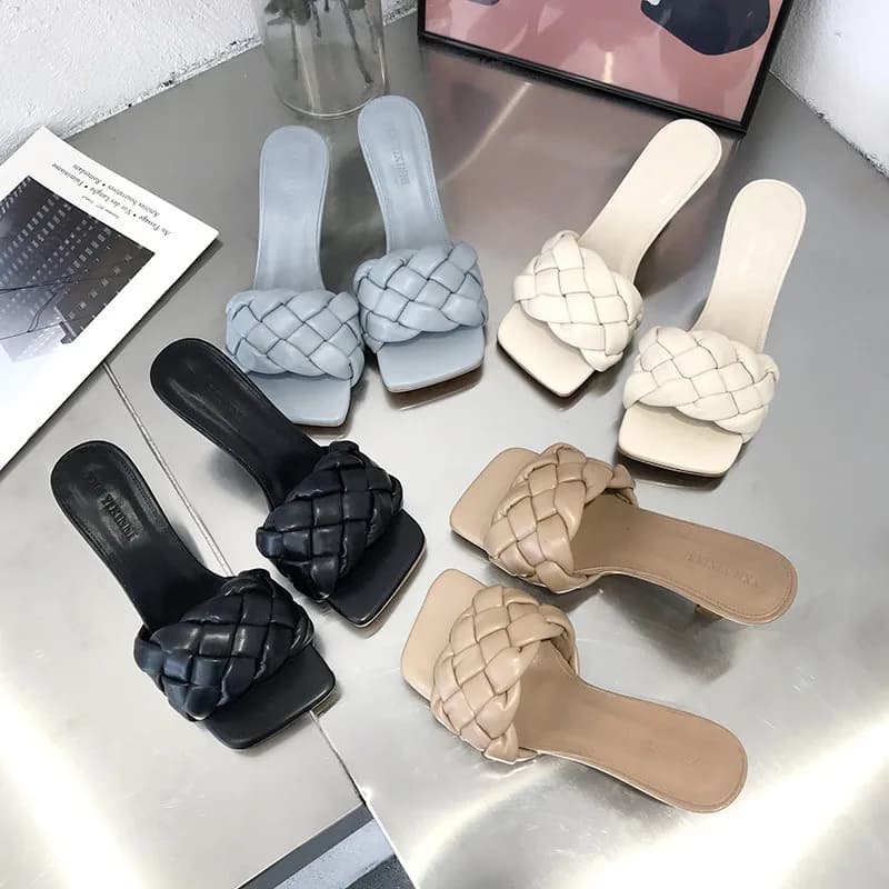 Summer Fashion Women's Square Woven Slippers Luxury Designer Striptease Sandals Comfortable Office Stiletto Women's High Heels