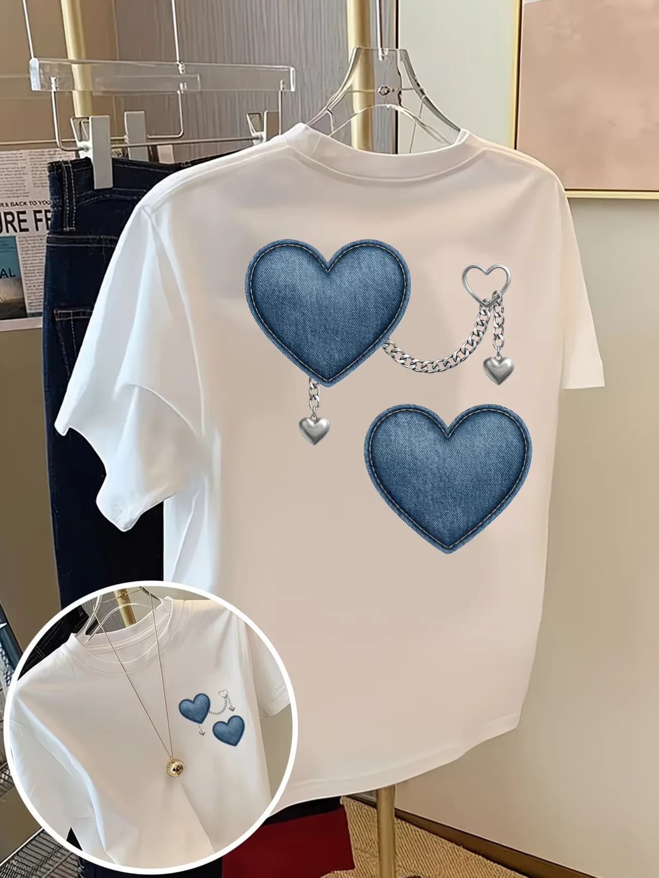 T-shirt in denim con stampa a cuore da donna, estetica Y2K, con stampa a catena, simpatico cuore blu, estiva a maniche corte, stile Harajuku, top bianco ampio